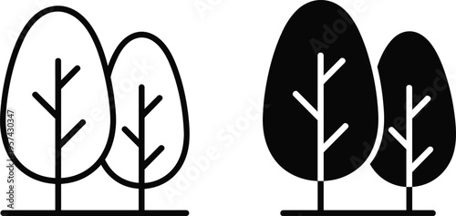 Forest trees icon set featuring minimalist black line art and solid silhouette style for nature conservation environmental sustainability and outdoor garden landscape branding