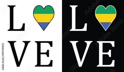 Love Gabon Square Typography Design with Flag Heart Symbol in Light and Dark Versions