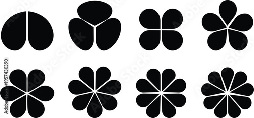 Flowers icon set, Flowers Groovy retro floral in modern simple. Cute round flower plant nature, Perfect for design, patterns, and decorative elements. Black shapes, kids cute decor. vector element