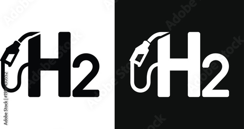 Hydrogen fuel pump icon design with H₂ symbol, black and white variations, representing clean energy, eco-friendly fueling, and alternative power for sustainable vehicles.
