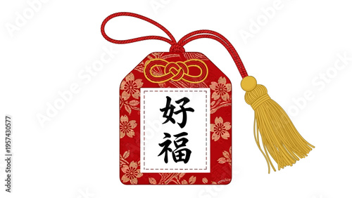 Traditional Asian Good Luck Charm with Auspicious Characters and Golden Tassel, Symbolizing Fortune and Blessings