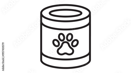 Can of pet food with a paw print icon, symbolizing nourishment and care for animals. featuring illustration, line art, outline, clean composition on