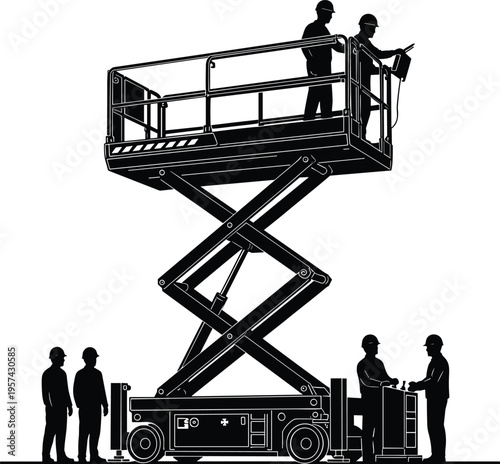 Silhouette of workers on hydraulic scissor lift platform for industrial maintenance construction site aerial work platform and high altitude engineering