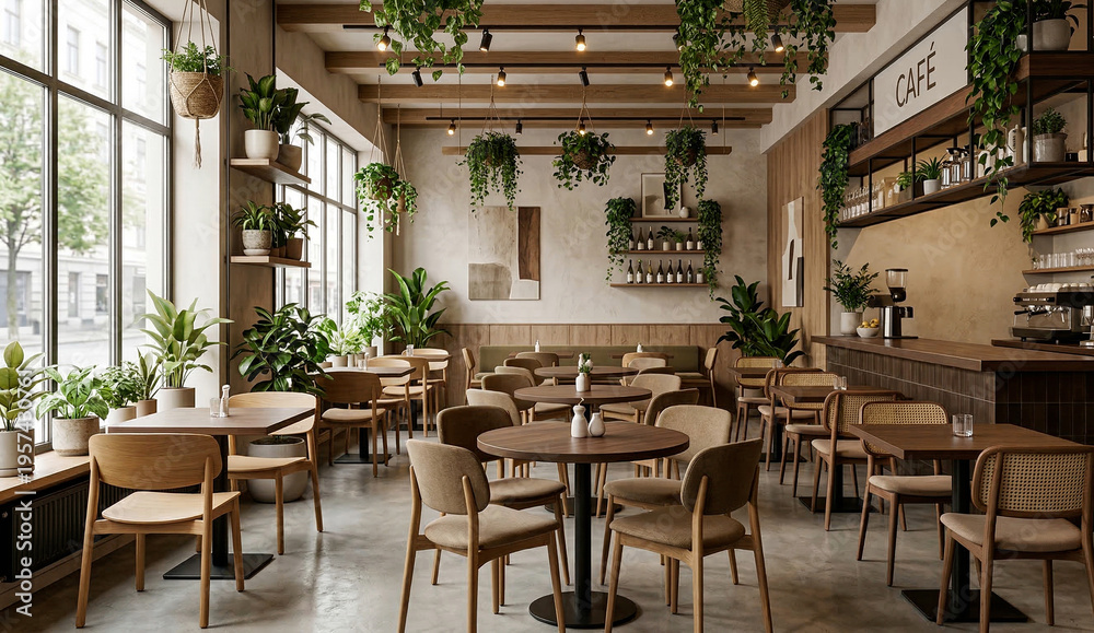Obraz premium Interior of a modern cafe with wooden furniture and lush green plants.