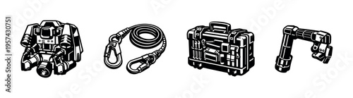 Robot and equipment vector set, silhouette of robot suit, safety harness, toolbox, mechanical arm