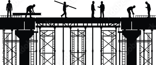 Silhouette vector graphic of industrial construction workers building a large bridge structure with metal scaffolding, on a flat white background