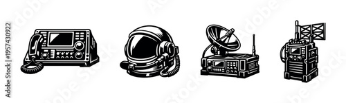 Black and white vector illustrations of radio equipment and astronaut helmet silhouettes