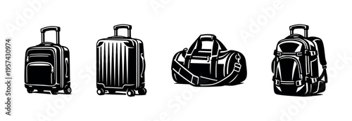 Black and white vector illustration of various travel luggage including suitcase backpack and duffle bag silhouettes