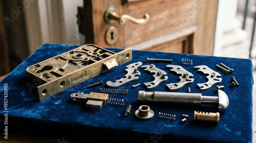 Disassembled mortise lock mechanism showing levers and bolt on velvet