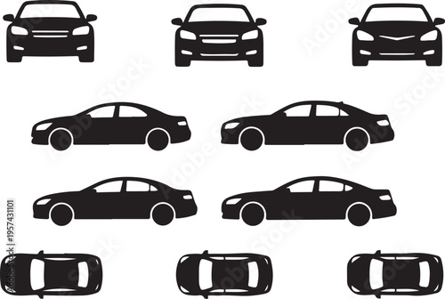  Car silhouette collection with front, side and top views, sedan vehicle icons.