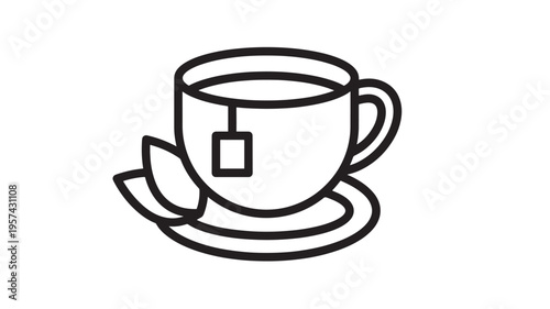 Cup of tea icon with a tea bag and leaf on a saucer in a simple black line art style. featuring drink, beverage, hot drink with illustration and