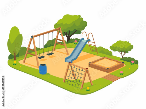 A colorful playground with swings slide and sandbox in a park setting outdoors recreational area