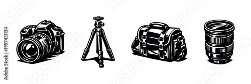 Black and white vector illustration of camera equipment including dslr camera, tripod, camera bag, and lens