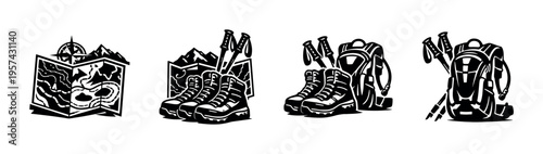 Hiking equipment vector illustrations featuring boots maps backpacks and trekking poles black and white silhouette style