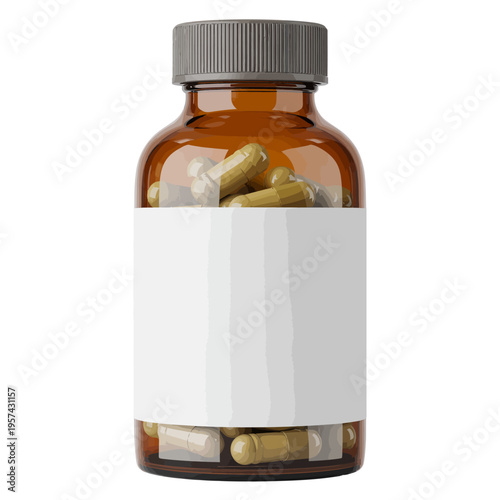 Brown glass bottle with white label and yellow capsules inside  medicine container