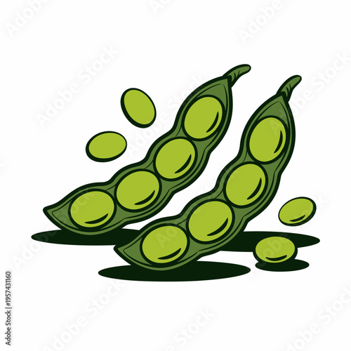 Cartoon style green peas in pod with some scattered peas around  illustration