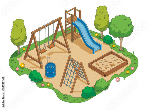 Cartoon playground with swings slide and sandbox in park  outdoor kids fun area