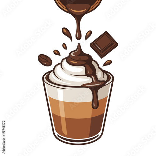 Chocolate dessert in a glass cup with whipped cream and chocolate sauce pouring on top