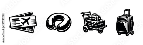 Black and white vector illustrations of travel items including luggage ticket neck pillow