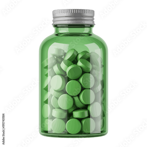 Green transparent medicine bottle with green pills inside  isolated on white background