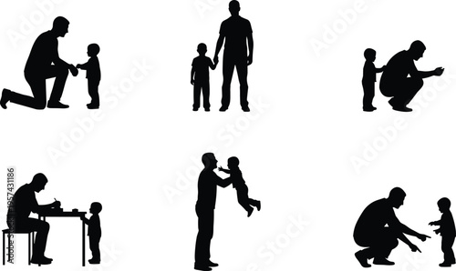 Silhouettes of a father playing with and caring for his young child depicting parenting, bonding, and family lifestyle moments