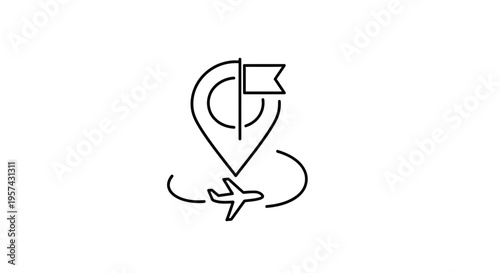 Airplane travel route with destination pin and flag icon, travel planning concept