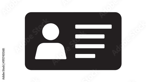 Badge icon with silhouette of person and lines representing text on a black background featuring user, profile, id card with identification and card