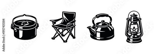 Vector silhouette of camping equipment including pot chair kettle lantern in black and white
