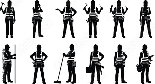 Silhouettes of professional construction workers with safety vests, tools, hard hats, road barriers, and traffic cones for industrial infrastructure maintenance projects