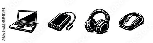 Black and white vector illustration of laptop, portable charger, headphones, and mouse