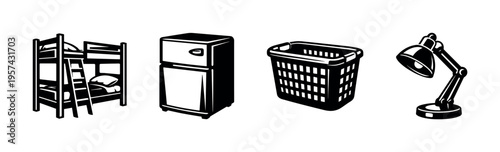 Black and white vector illustration of household items including bunk bed, refrigerator, laundry basket, desk lamp