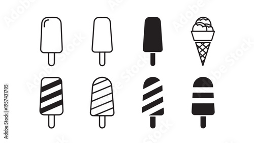 Ice cream popsicles and cone set with simple line art and solid black icons for summer treats featuring popsicle, frozen dessert, sweet with treat