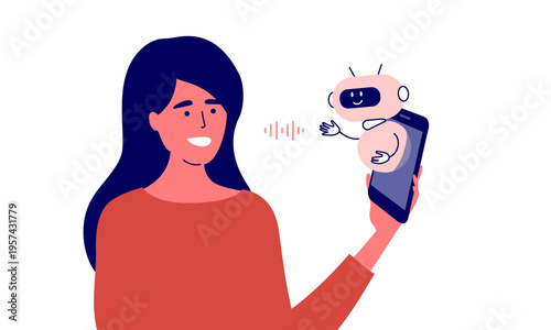 Woman talking to cute android robot by smartphone display. Voice message, smart video call centre, support service. Artificial intelligence virtual assistant help. Ai audio chatbot vector illustration