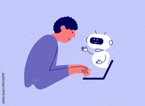 Ai chatbot vector illustration. Communication with virtual assistant using laptop. Man chatting robot. Artificial intelligence help, chat bot support, ai prompt. Online video call, user ux, tehnology