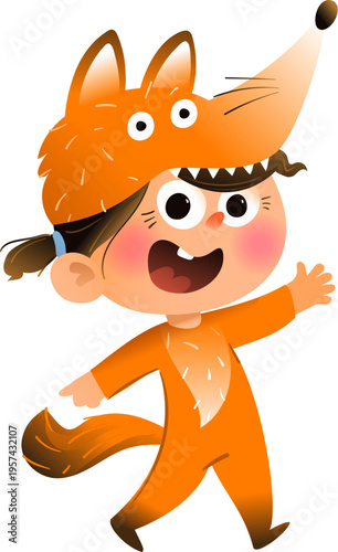 Funny cute little girl dressed up in an animal fox costume. Kids playful cartoon character for childhood celebrations and costume party. Vector illustration clip art for children.