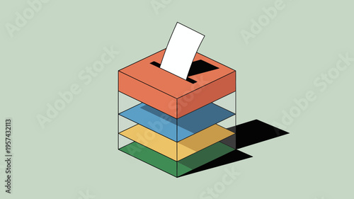 Voting box with colored layers on green background colorful illustration 3d graphic