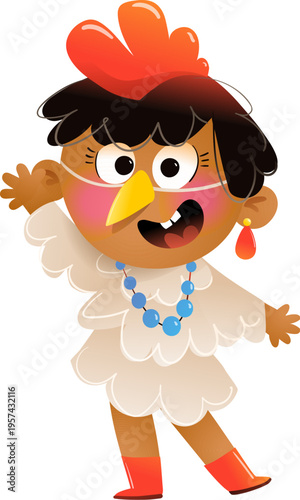 Happy cute little girl dressed up in a bird in a chicken costume. Funny cartoon kids hen character for childhood celebrations and costume party. Vector illustration clip art for children.