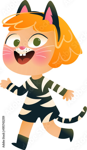 Funny cute little girl dressed up in an animal in a cat costume. Playful cartoon kids cat character for childhood celebrations and costume party. Vector illustration clip art for children.