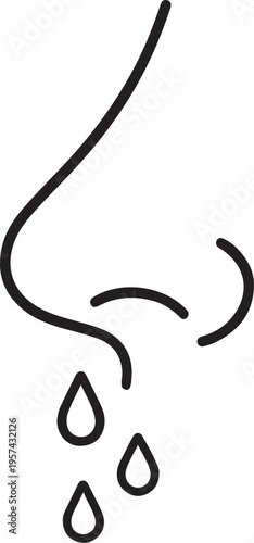 Illustration of a black line drawing of a nose with three teardrop shaped droplets falling from it