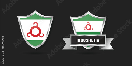 Premium glossy silver shield and ribbon emblem featuring the flag of Ingushetia, suitable for Caucasian heritage, identity, and regional graphic design projects