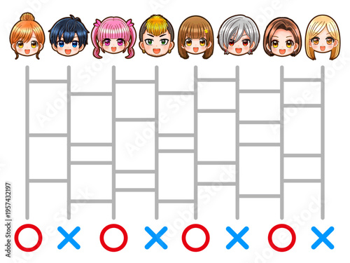 あみだくじで運試しするちびキャラのイラスト素材3