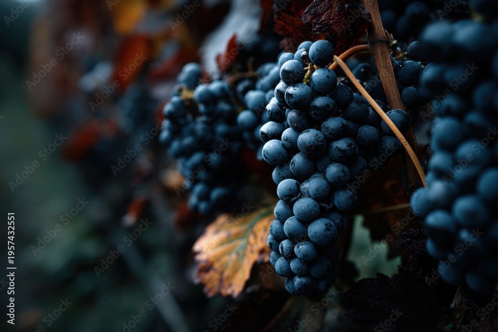 Obraz premium Ripe blue grapes hanging from vine in vineyard during autumn harvest