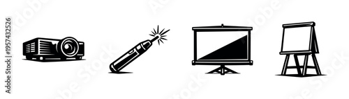 Black and white vector elements of office presentation equipment including projector and laser pointer