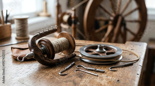 Spinning wheel components with flyer bobbin and whorl on wooden surface