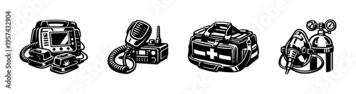 Medical equipment vector illustration set in black and white featuring defibrillator radio first aid kit oxygen tank