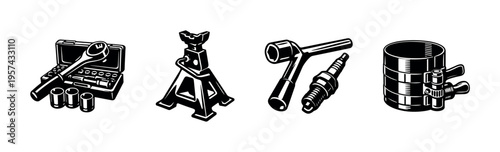 Black and white vector illustrations of automotive tools and equipment set