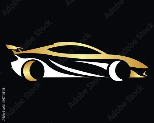 A sleek futuristic sports car with a gold black and white design against a dark background.