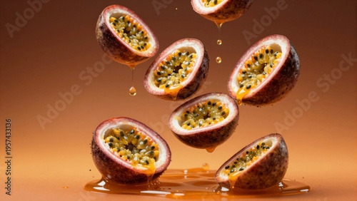 Wallpaper Mural Multiple passion fruit halves falling through the air with dripping juice and splashes creative and dynamic food photography on a warm brown background. Torontodigital.ca