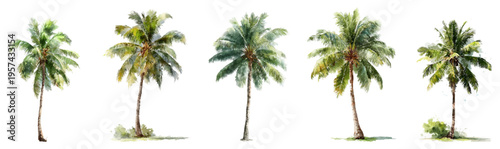 Multiple watercolor palm tree illustrations creating a tropical island paradise concept, representing summer holidays, beach vacations, and exotic travel destinations