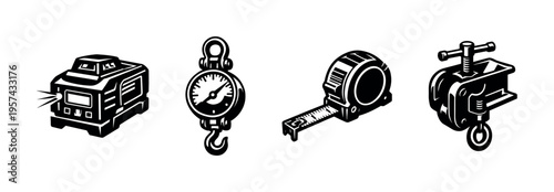 Black and white vector illustrations of construction tools including generator and clamp
